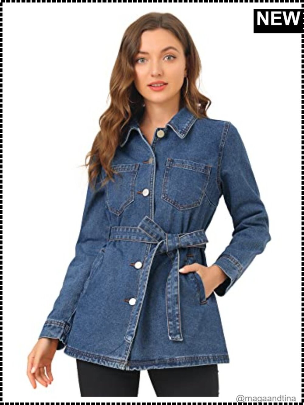 Casual Tie Waist Long Denim Jacket Button Down Raglan Sleeve